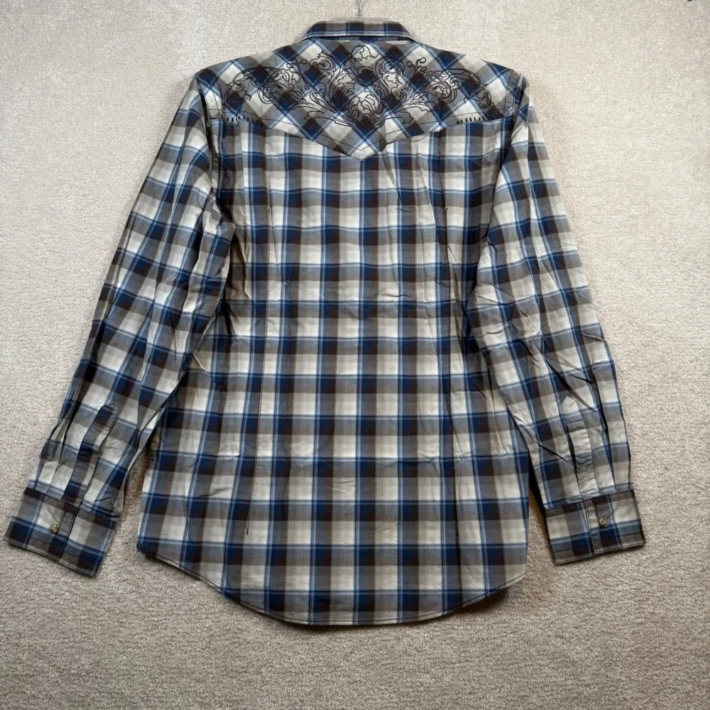 7 Diamonds Mens XL Blue Plaid Western Snap Button Embroidered Long Sleeve Shirt